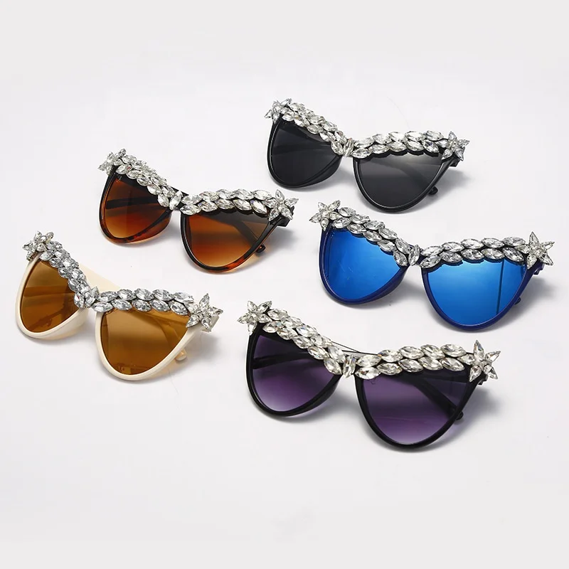 

New Design Fashion Diamonds Cate Eye Handmade Gemstone Bling Diamonds Luxury Sunglasses Women's Eyewear Lady Shades