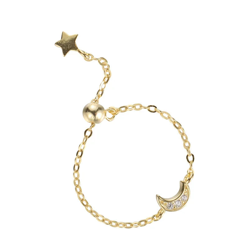 

Vianrla Exquisite Gold Chain Adjustable Ring Sterling Silver Dainty Moon Star Charm Ring