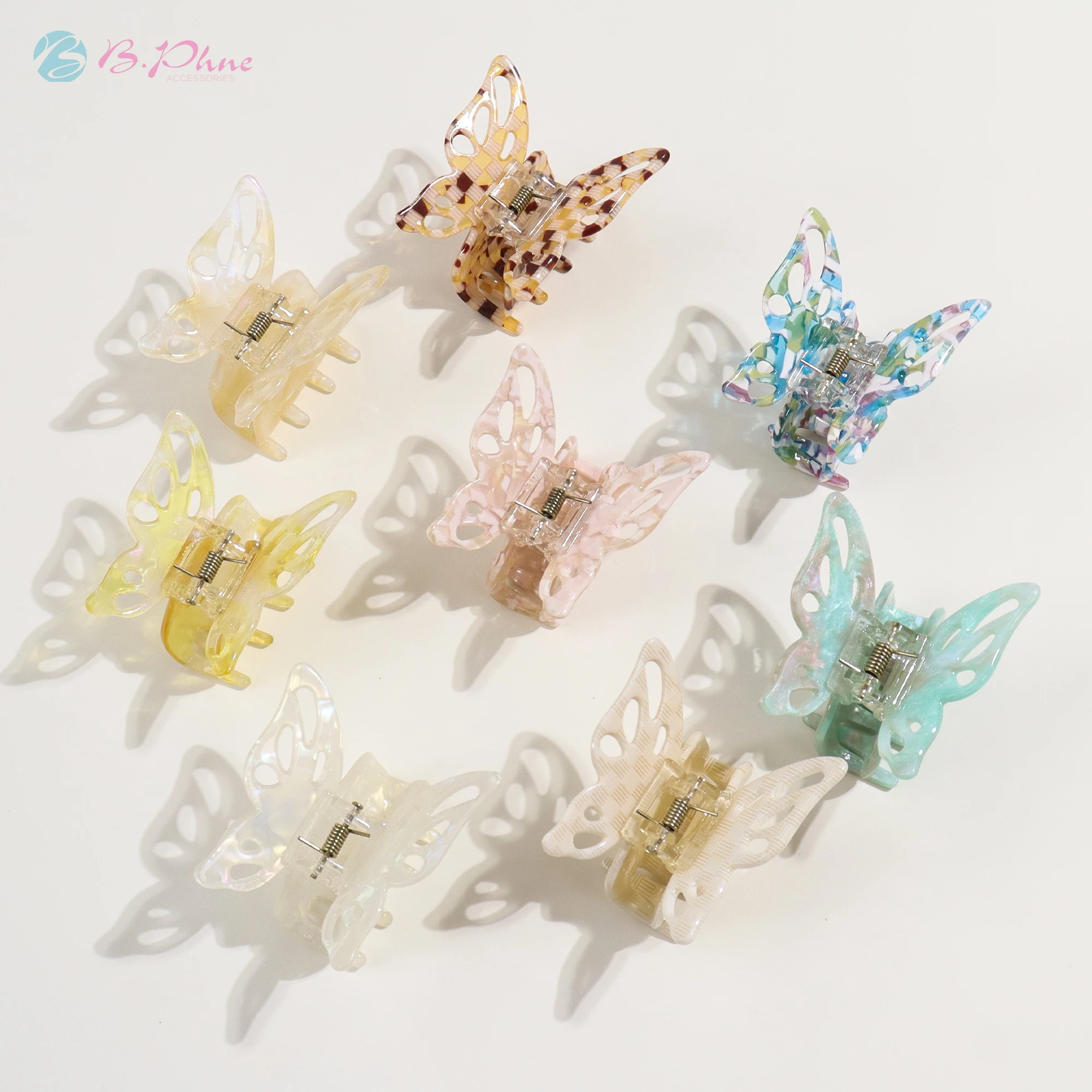 

Claw ponytail hair extension women colorful butterfly cellulose acetate hair claw custom