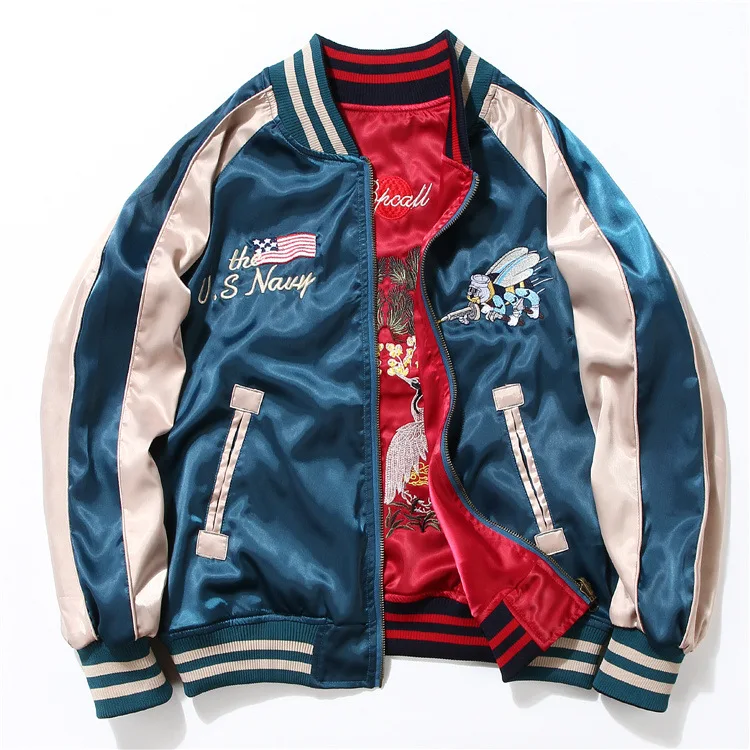 

2020 OEM wholesale fashion coat 2 way wear Varsity Jackets satin Reversible Embroidered Bomber jacket, Blue, red