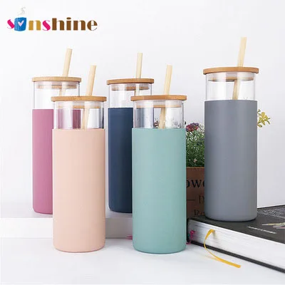 

Custom BPA Free Bamboo Lid Glass Cup With Bamboo Straw Glass Water Bottle With Silicone Sleeve, Picture