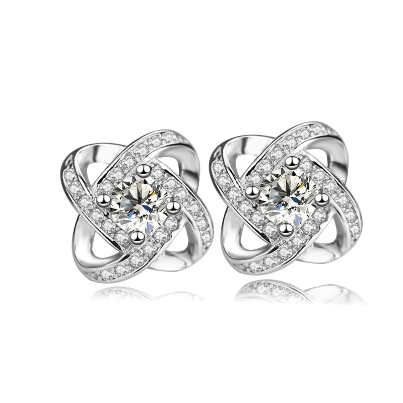 

925 Sterling Silver Cubic Zirconia Four Leaf Stud Earrings for women