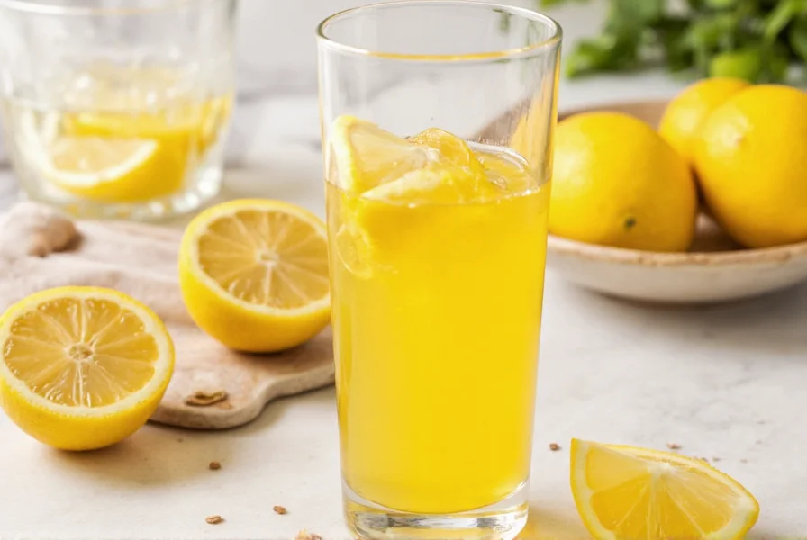 Close-up of fresh ginger root and lemon slices on wooden cutting board with juicer and measuring spoons