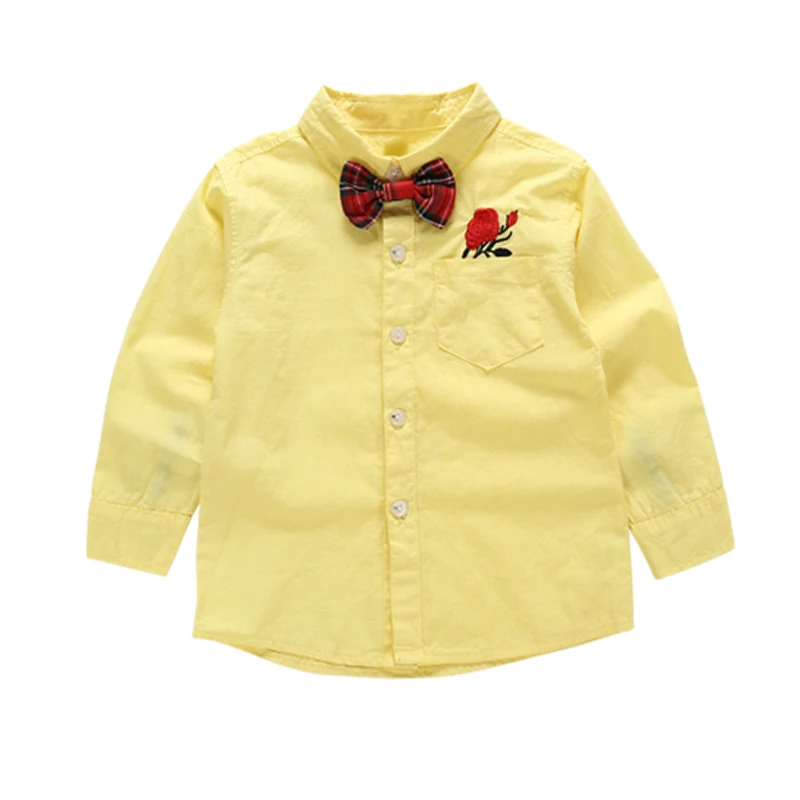 
2020 Brand New Fashion Design High Quality 100% Cotton Casual Embroidered Shirt with Bow Long Sleeve Boys Solid Shirt 