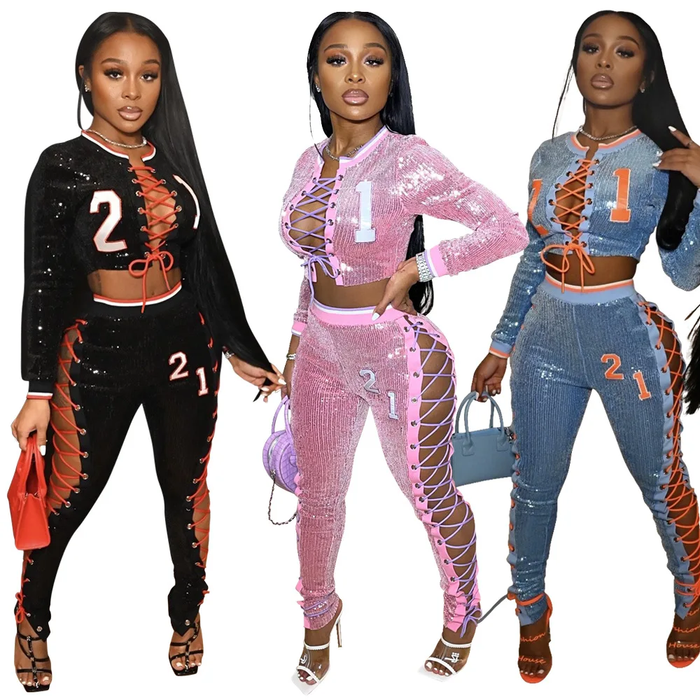 

Wholesale 2021 Fall Set Woman Long Sleeve Letter Crop Top And Pants Sequined Bandage Tracksuit Set