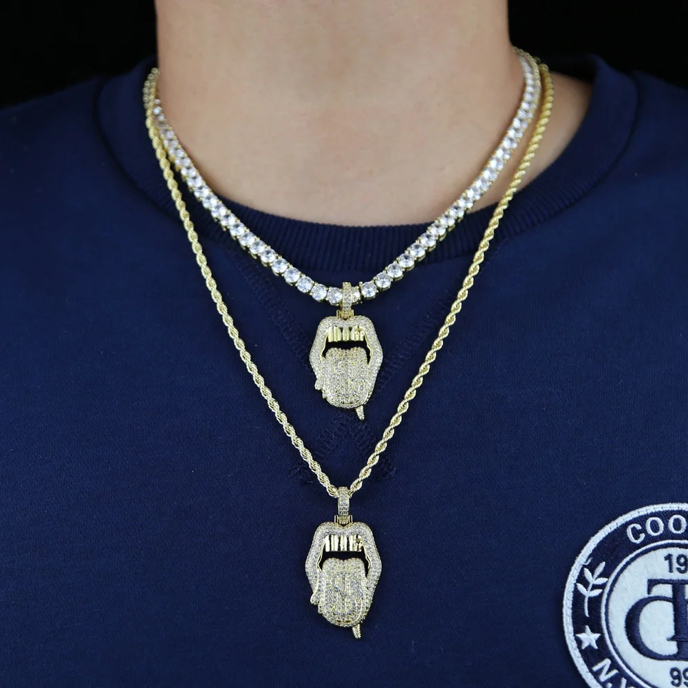 

Iced out Men boy hip hop lip pendant necklace with gold color big teeth mouse charm with 5mm cz tennis chain rope chain necklace, Black
