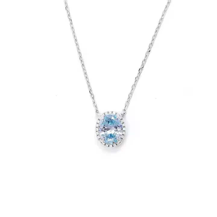 Luxury 925 Sterling Silver Women's Classic Jewelry Set Diamond Oval Shaped Glacier Blue Cubic Zircon Pendant Necklace Rhodium