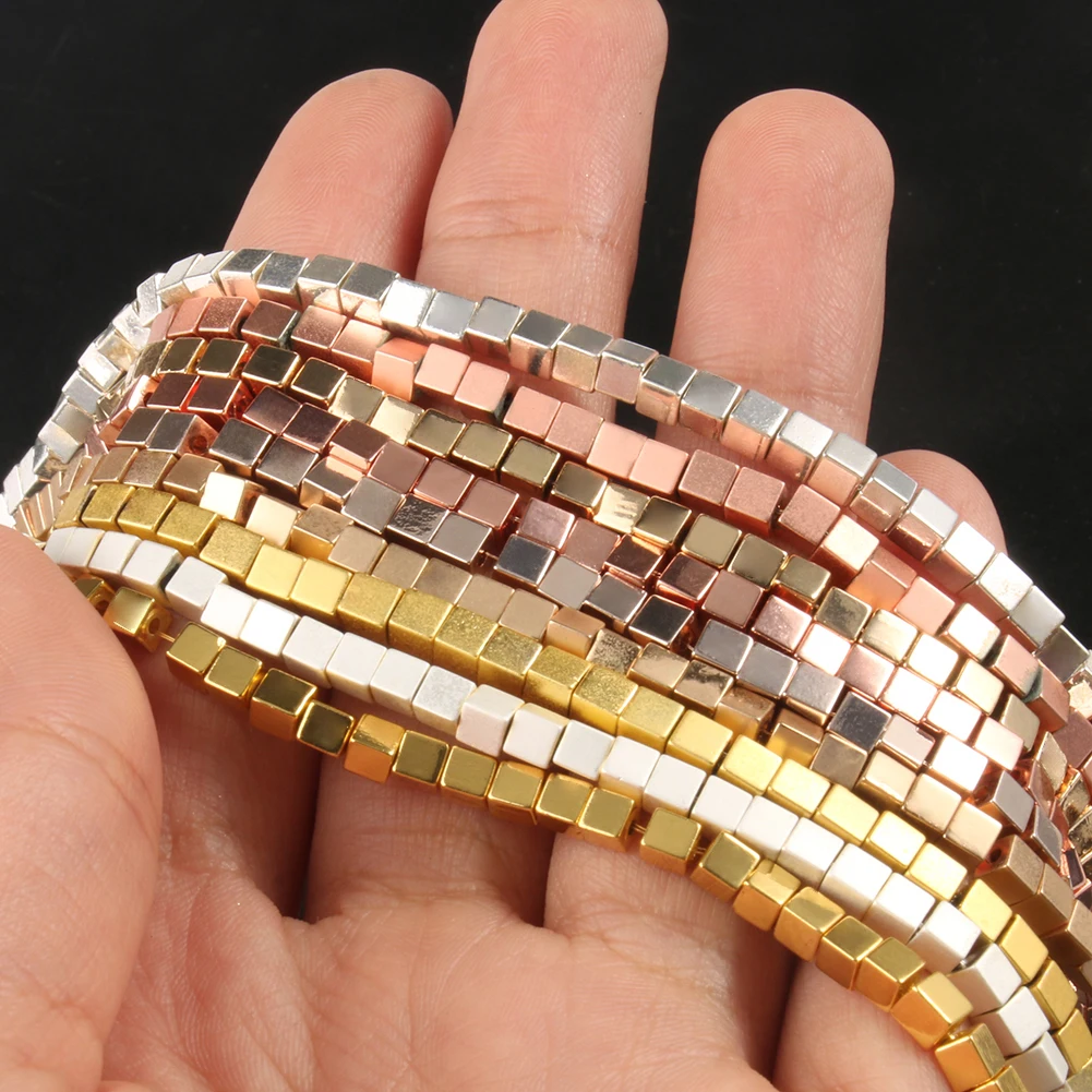 

2/3/4mm Gold/Silver Color Matte/Smooth Natural Cube Square Hematite Stone Beads For Jewelry Marking