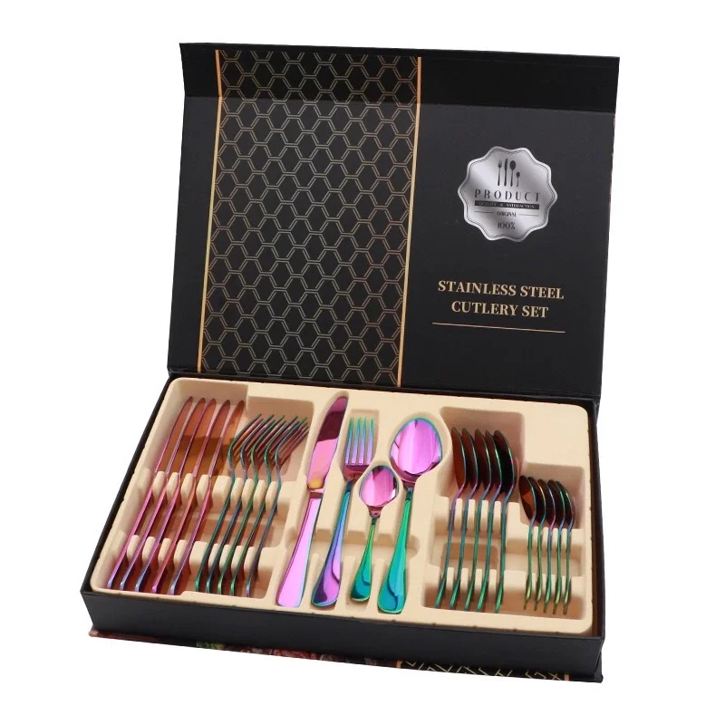 

Food Grade 24PCS Royal Luxury Cutlery Set With Gift Box Stainless Steel Custom Tableware Set, Silver/gold/rose gold/black/rainbow