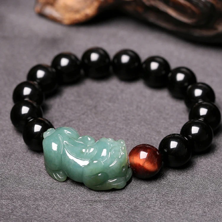 

Certificate Myanmar Jadeite Oil Green Brave Bracelet With Obsidian Round Bead Bracelet For Men And Women