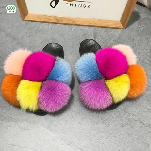 

JOGHN Fashion Platform Open Toe Slipper Custom Multiple Color Matching Pure Fox Slides Fur Slippers, Colorful
