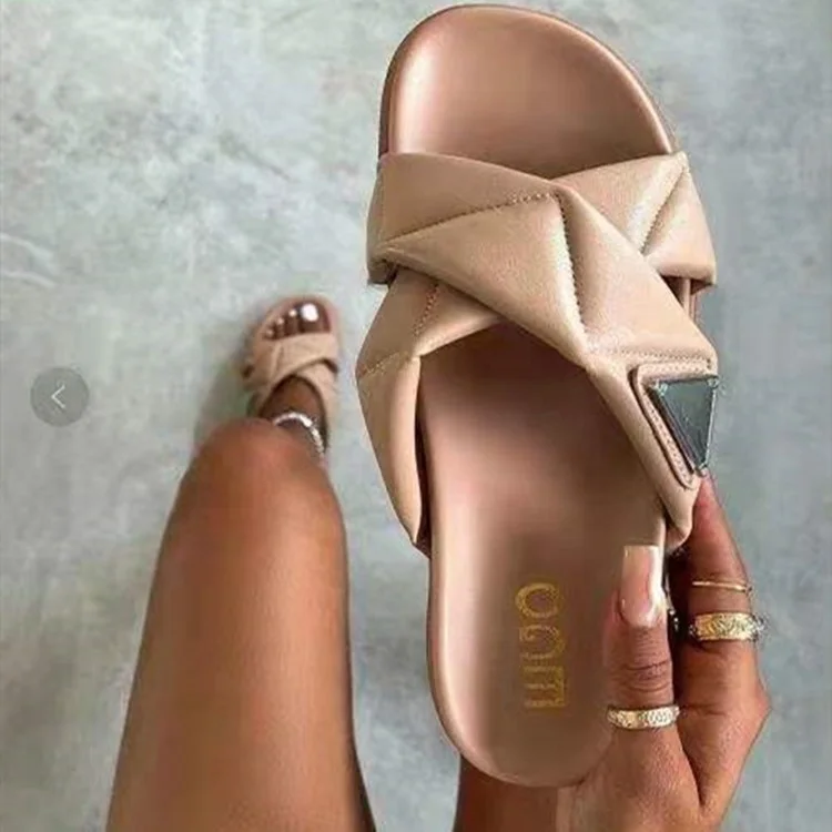 

Breathable Open Toe Leather Cross Strap Mules Slipper Women Flat Sandals For Ladies