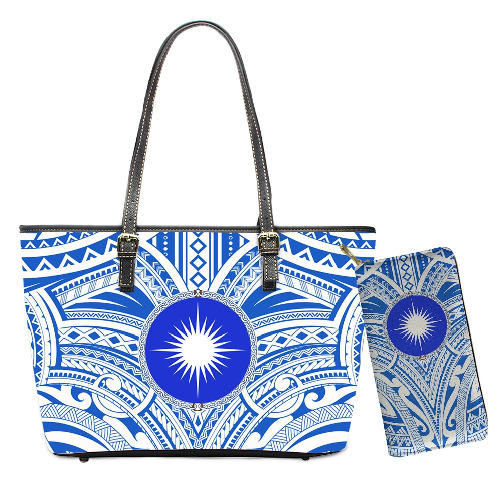 

Classic Marshall Island Logo Leather Bags Women Handbags Polynesian Tribal Print Blue Handbags Custom Large Female Handbags, Customized color