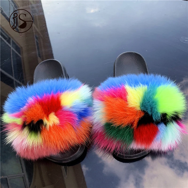 

2021 Hot Sales real fur slides Plush outdoor Exquisite comfy women sandals Real fox fur slippers for ladies 2021, Picture