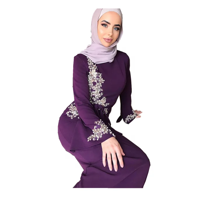 

2019 Newest elegant fashion design lace with pearl abaya muslim women turkey dress, Black, white, purple