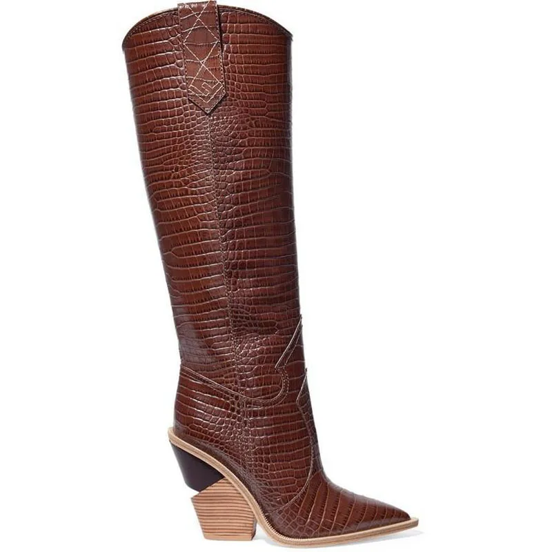 

Amazon Hot Selling Fall Boots Fashion High-Tube Wood Grain Thick Heel Contrasting Color Pointed Toe Large Size Long Boots