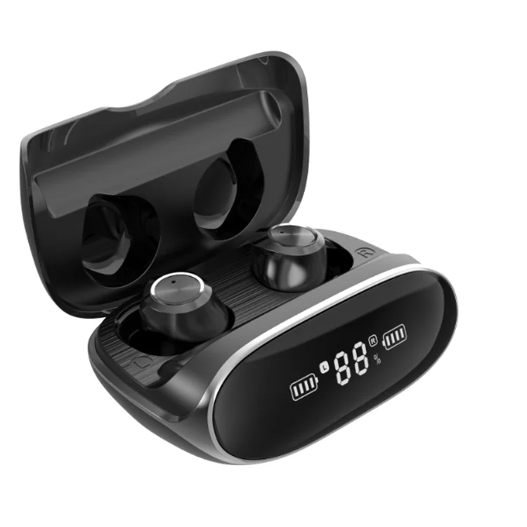

Hot sale earbuds with charging case BT 5.0 in-ear bass high quality wireless earphone power bank, Black silver