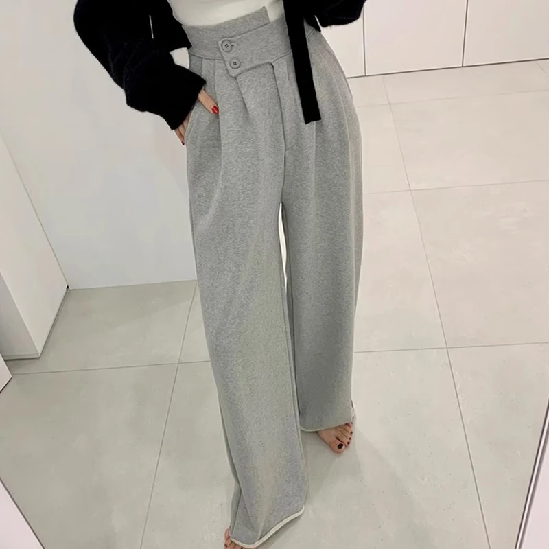 

Wholesale 2023 Autumn High Waist Button Show Thin Pressed Pleated Drop Feel Casual Wide Leg Pants Women's Pants