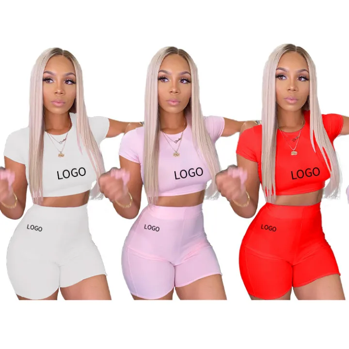 

2022 New arrival low MOQ custom logo jogger set plain summer clothes sexy short sleeves T shirt crop top two piece shorts set, Different color