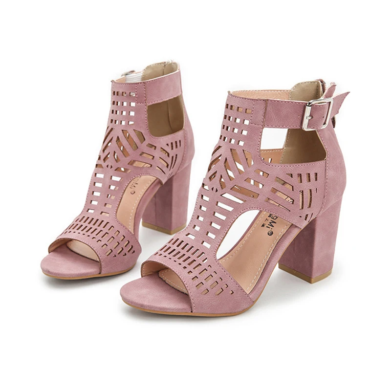 

LX52 Ladies Fashion Hollow Out Design Round Toe Heeled Sandals With Buckle Womens Sandals Trendy, As picture or custom
