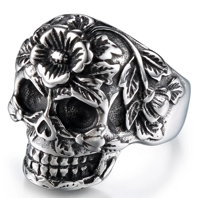 

High Quality Hot Selling Fashion Street Simple Punk Vintage Jewelry Ring 316L Stainless Steel Religious Totem Skull Rings, Silver