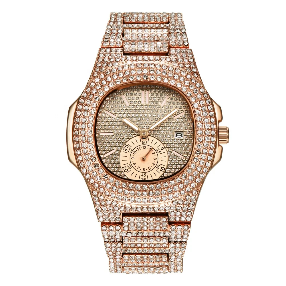 

Hot sale Stock Rose gold Watch Diamond Alfajr Muslim Azan Watch private label mens hip hop watch luxury paraguay