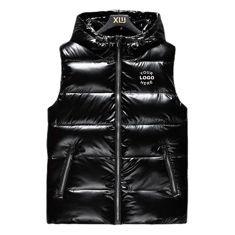 High Quality Hot Selling Winter Warm Sleeveless Gilet Bubble Jackets Custom Shiny PU Leather Hoodie Puffer Vest for Men