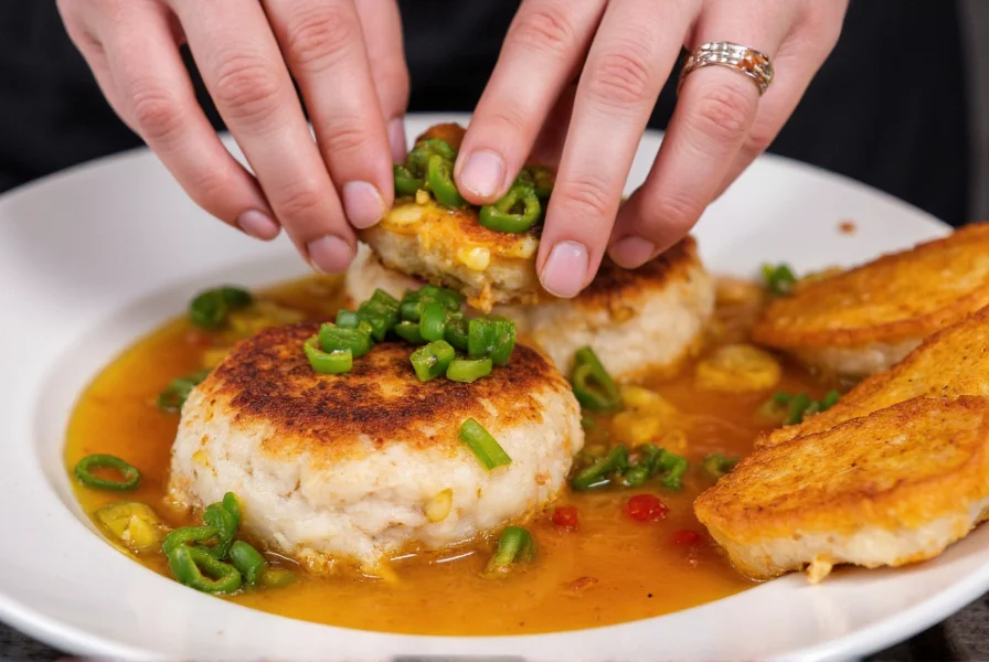 Chef preparing seafood dish with fresh fish peppers, showing the peppers being finely diced for a crab cake mixture