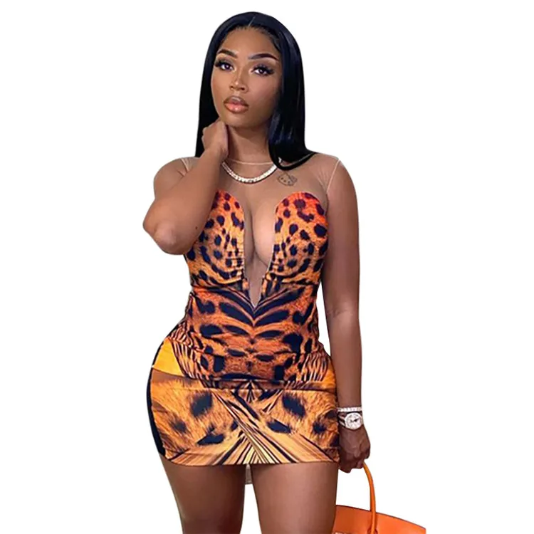 

Sexy Leopard Dress Summer Clothes For Women Hipster Transparent Mesh Patchwork Hollow Out Breathable Club Mini Dresses, As picture