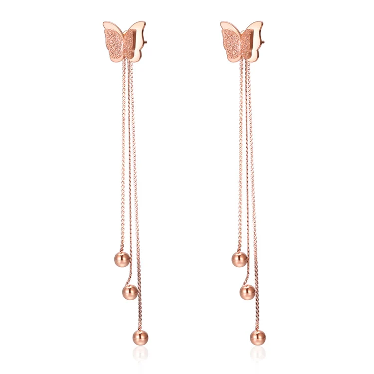 

2020 Long Style Tassel Earring Stainless Steel 18K Gold Frosted Butterfly Women Earrings, Rose gold