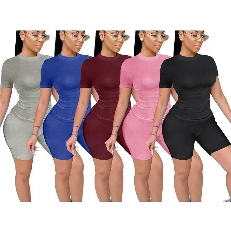 

Women Casual Tracksuit T-shirt Biker Shorts Summer Gym Jogging Ladies Ribbed 2 Piece Sets