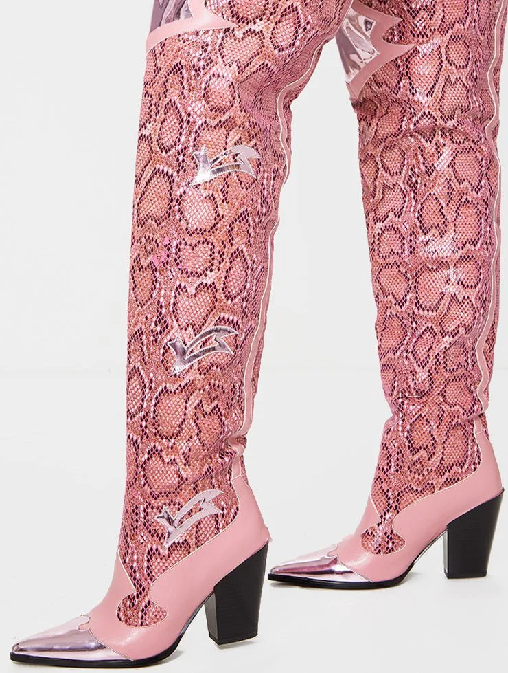 snakeskin pointed toe boots