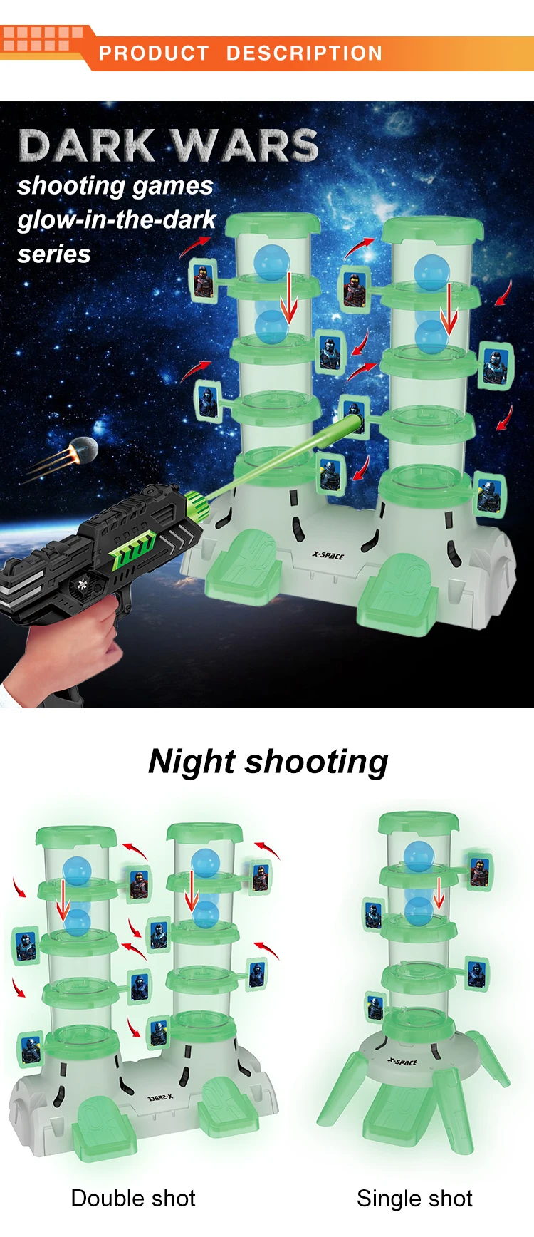 Creative design shooting games glow-in-the-dark double cylinder shooting target game toys