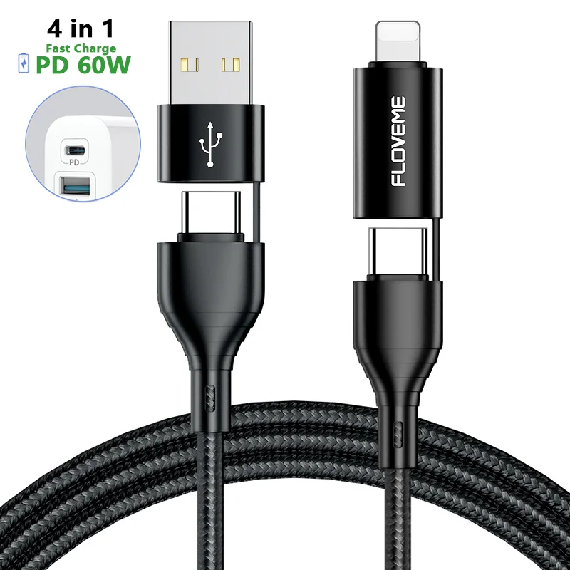 

Free Shipping 1 Sample OK FLOVEME 4 in 1 60W PD Fast Charging Data Cable for iphone for Type C Custom Accept