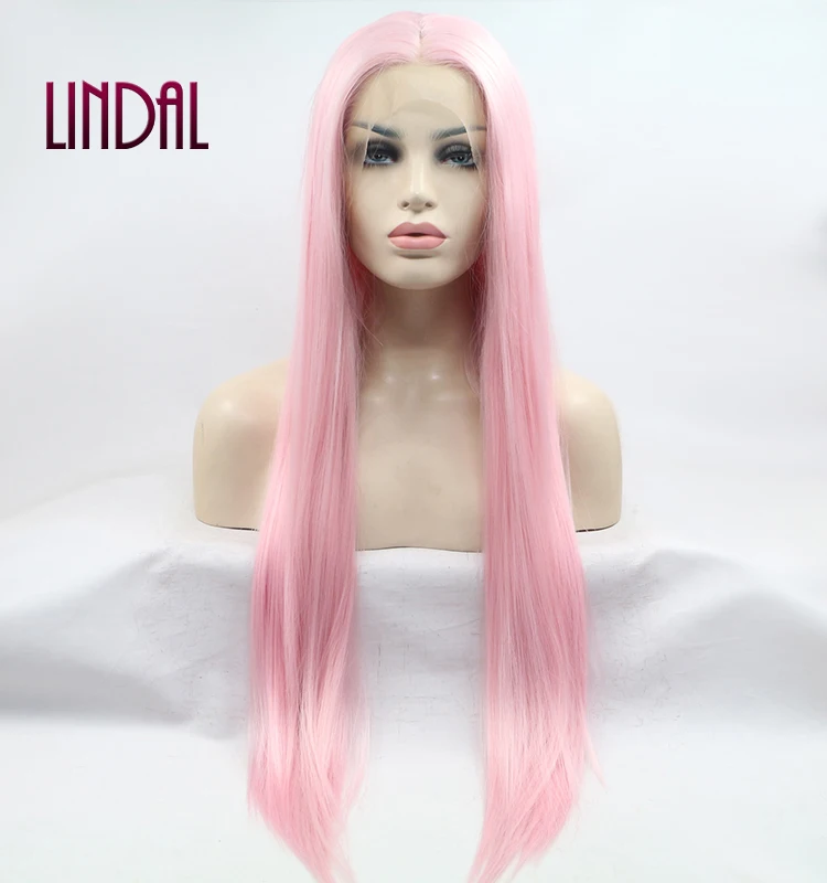 LINDAL Straight Light Pink Lace Front Wig Pre Plucked Glueless Synthetic Long Straight Wear and Go Lace Front Wig Cosplay Daily