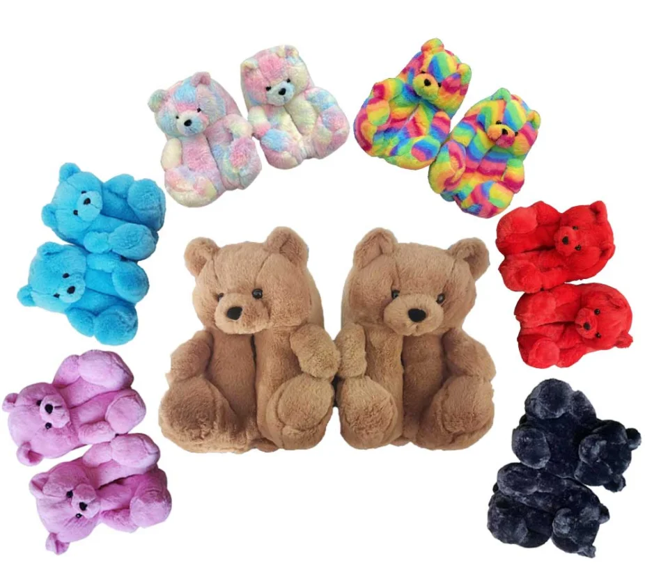

furry women Teddy adorable  bear fur slides customized colors outfit teddy bear slippers home shoes, Brown, light brown, black, rainbow, red, pink, blue