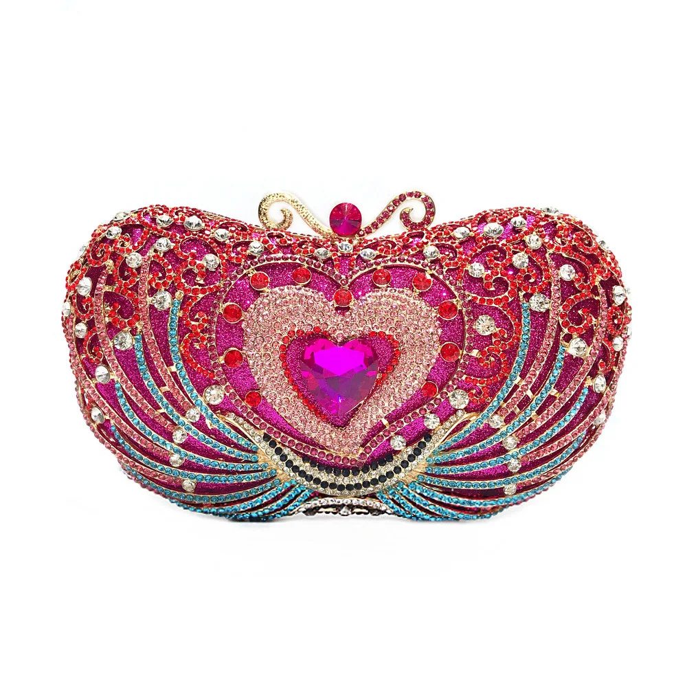 

Women handbags crystal sparkly bridal wedding party rhinestone hand bag heart pattern crystal clutch evening bags, Hot pink