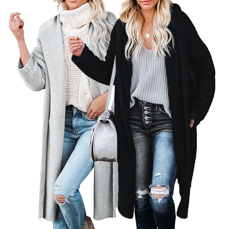 

2021 Fashion Womens Hooded Cardigans Solid Color Pocketed Kintted Sweater Long Cardigan For Ladies