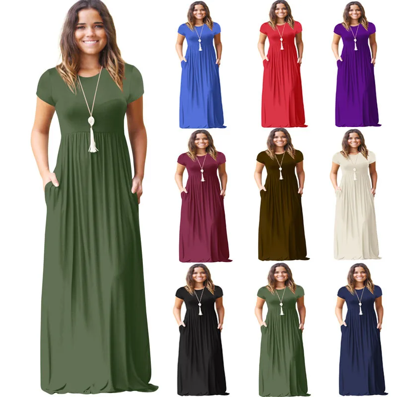 

PRETTY STEPS 2020 Women's Summer Solid Color Short Sleeve O-neck Loose Plain Maxi Casual Long Dress with Pockets