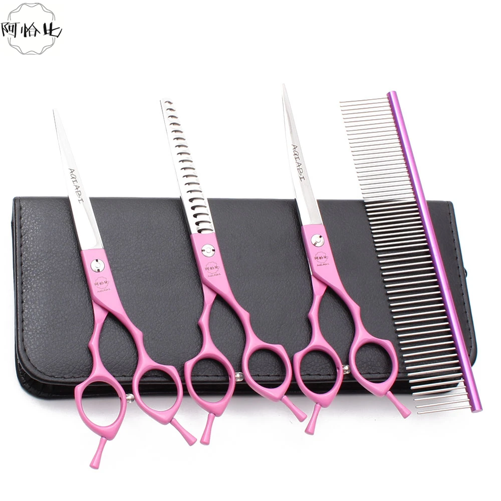 

Pet Scissors Set 7" AQIABI JP Steel Dog Grooming Comb Straight Scissors Thinning Shears Dog Scissors A3009, Red handle