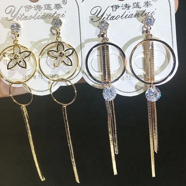 

PUSHI925 silver needle fashionable light luxury luxury long tassel earrings mixed with high-end earrings micro-inlaid zircon ear