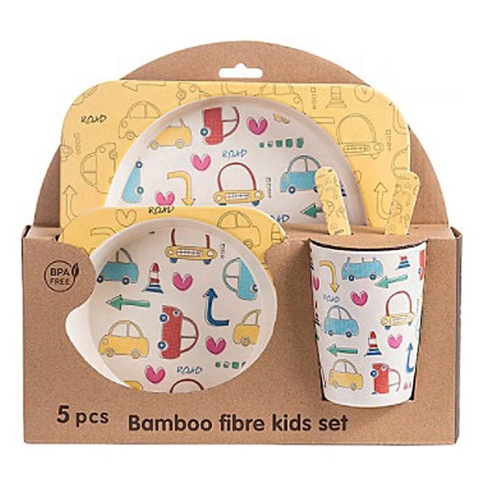 

Factory Baby Kids Feeding Dinner Set Cute Animal Car Pattern Bamboo Fiber Tableware for Children, As the pictures