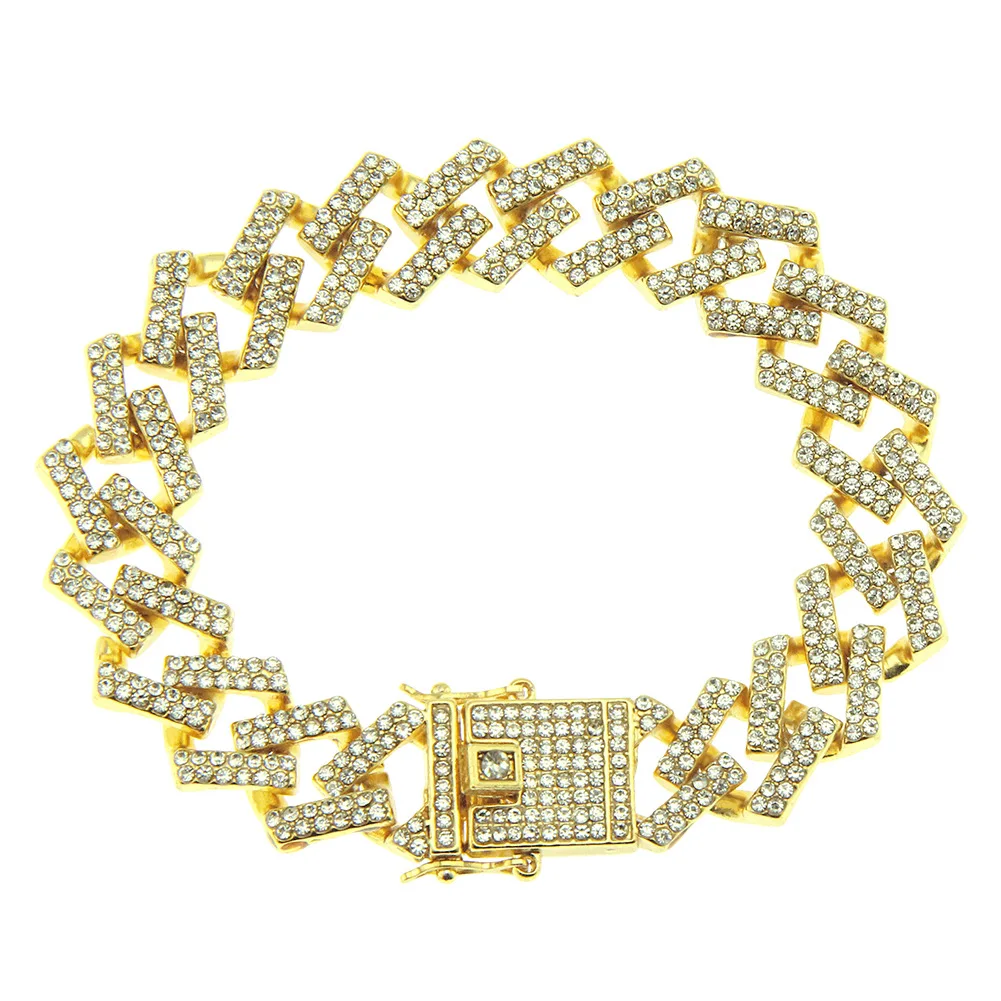 

New Christian Luxury Jewelry Square Cuban Link Chain Bracelet Bling Full Diamond Rhinestone Men Accessories, Gold,silver