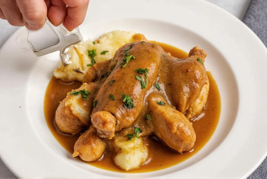 Pepper gravy served over mashed potatoes and roasted chicken with fresh herbs