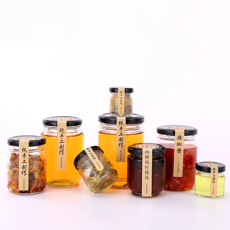 

25ml 50ml 75ml 100ml 150ml 195ml 240ml 350ml 500ml jam honey sealed storage glass jar packing with metal lid, Clear transparent