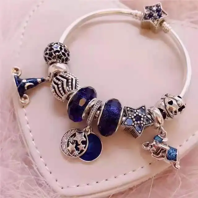 

925 Sterling Silver Original Pandora Garden Collection Blue Lucky Rainbow Bracelets Set for Ladies Wedding Gift