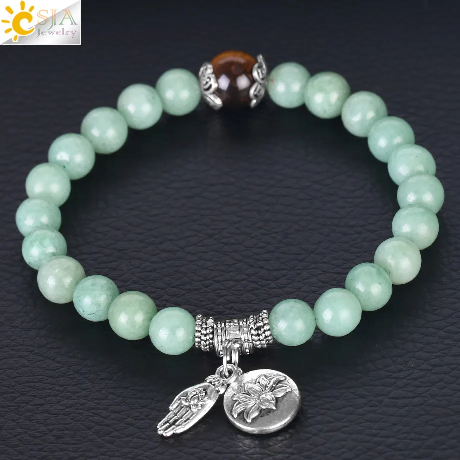 

CSJA 2020 new arrival natural stone bead 8mm green aventurine bracelet gemstone buddha hand lotus charm bangle F383