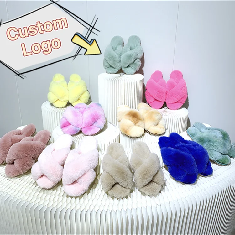 

Custom Winter Warm Fuzzy Indoor Outdoor Home Vegan Fur Slides Faux Sheepskin Slippers for Women