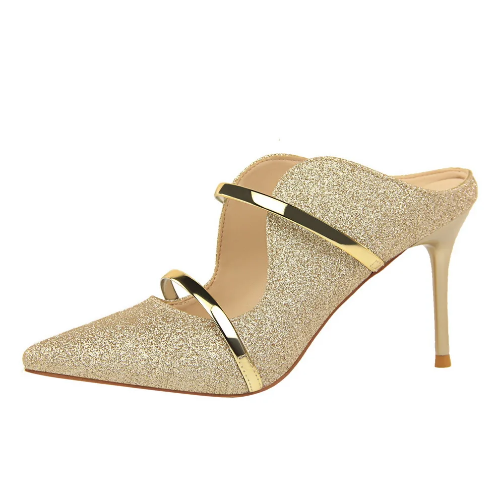 

Amazon AliExpress Hot Selling Women's High Heels PlusSize Pure Color Sequin Cloth Hollow One Word Belt Gold Heel Shoes Women