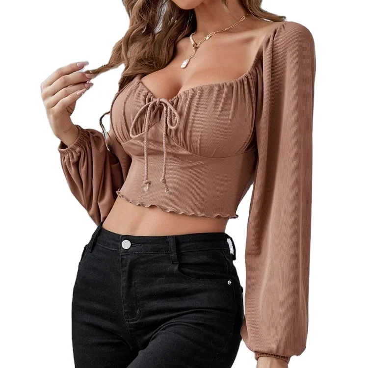 

High Quality Women Blouse Long Sleeve Solid Crop Top Sexy and Sweet Top Shirt